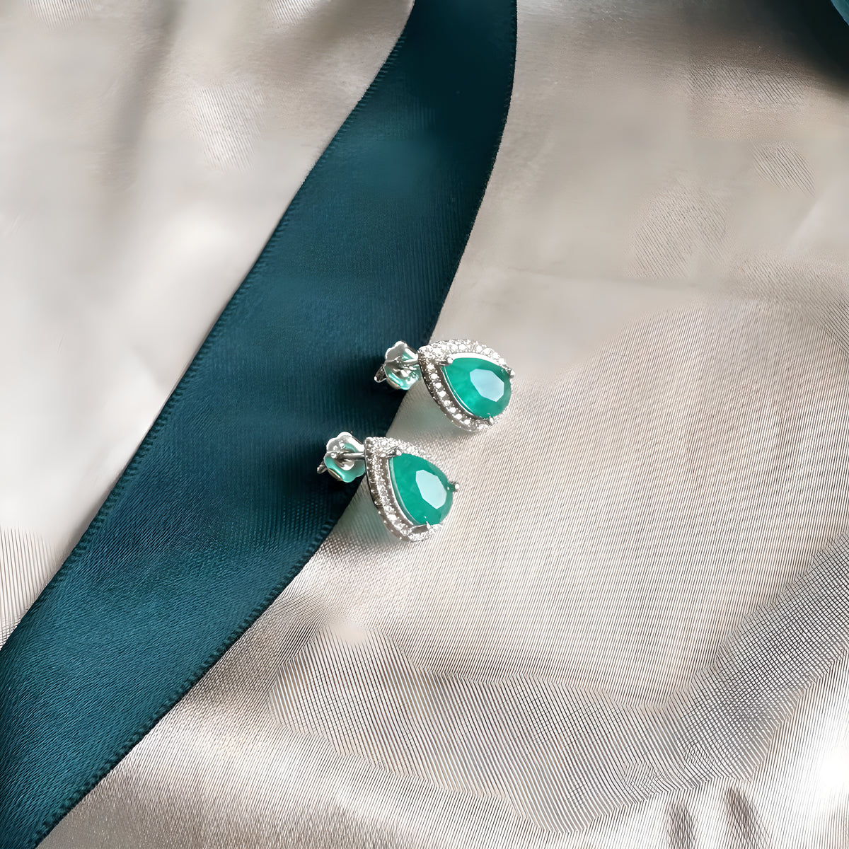 6x9mm Teardrop Synthetic Emerald Stud Earrings 925 Sterling Silver