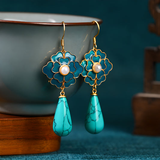 Camellia Flower Enamel Cloisonné Turquoise Earrings 24K Gold Plated Vintage Ethnic Style