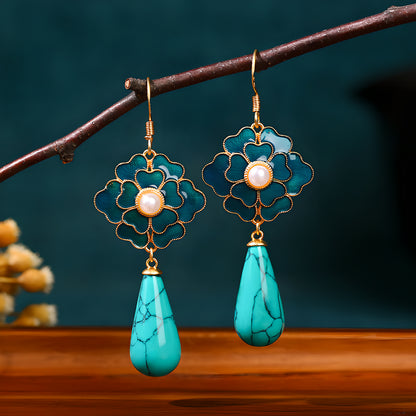Camellia Flower Enamel Cloisonné Turquoise Earrings 24K Gold Plated Vintage Ethnic Style