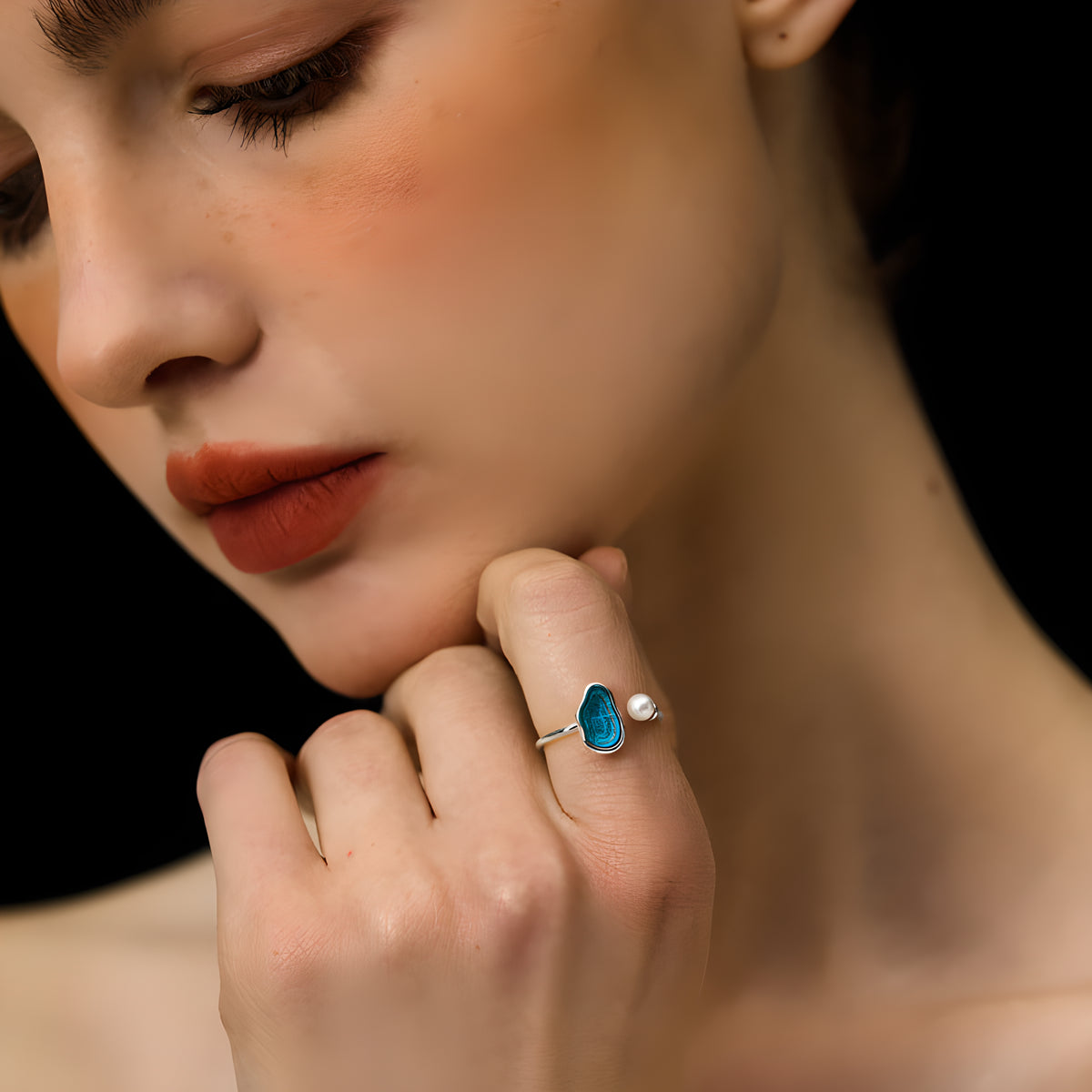 French Style Adjustable Ring with Water Lake Resin and Pearl Inlay 925 Sterling Silver