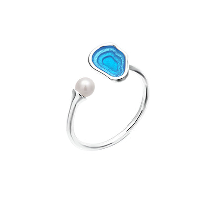 French Style Adjustable Ring with Water Lake Resin and Pearl Inlay 925 Sterling Silver