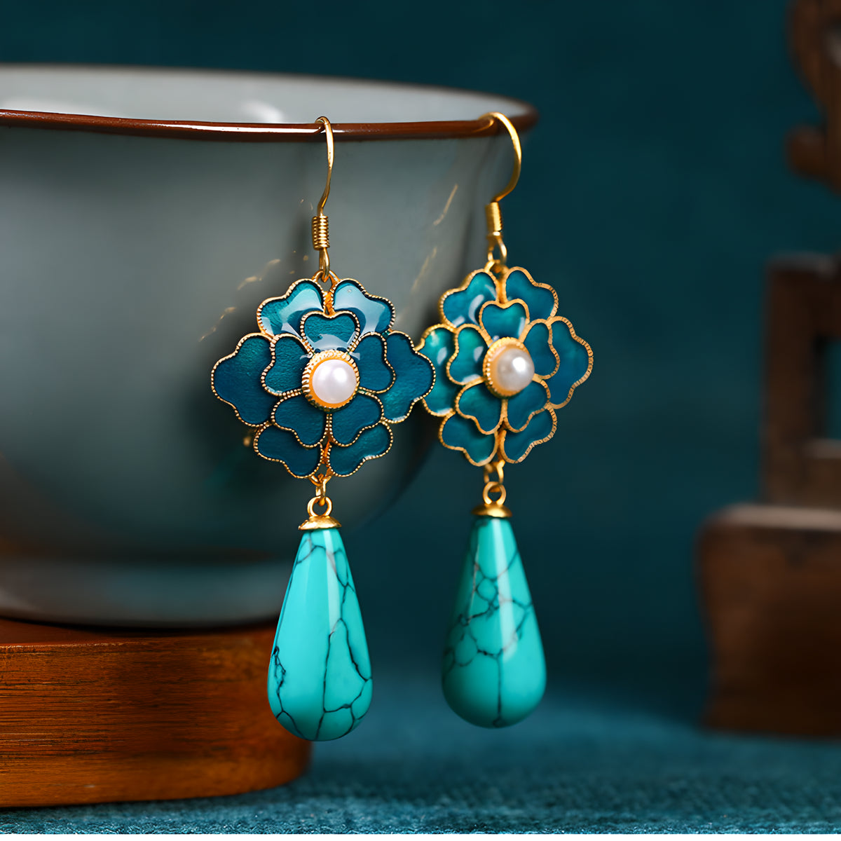 Camellia Flower Enamel Cloisonné Turquoise Earrings 24K Gold Plated Vintage Ethnic Style