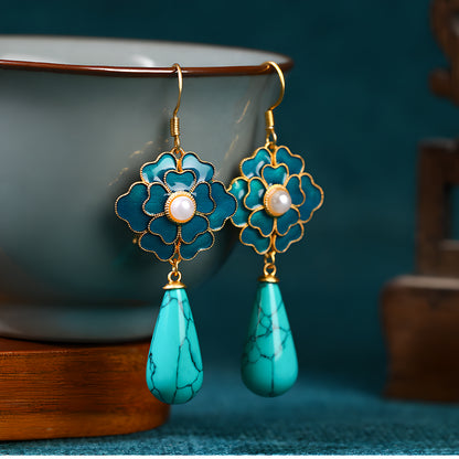 Camellia Flower Enamel Cloisonné Turquoise Earrings 24K Gold Plated Vintage Ethnic Style
