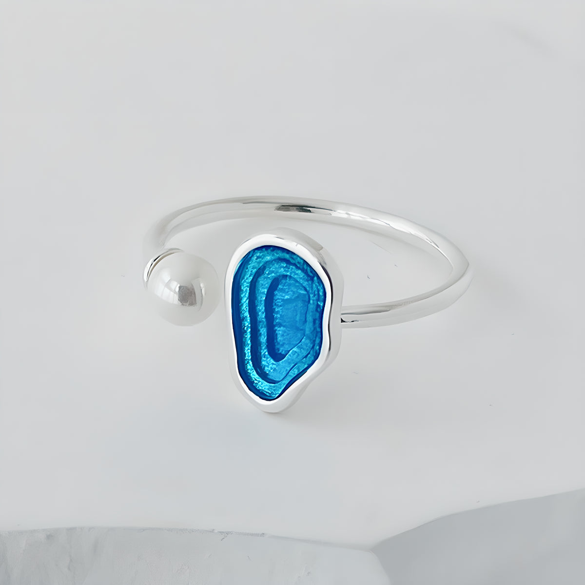 French Style Adjustable Ring with Water Lake Resin and Pearl Inlay 925 Sterling Silver