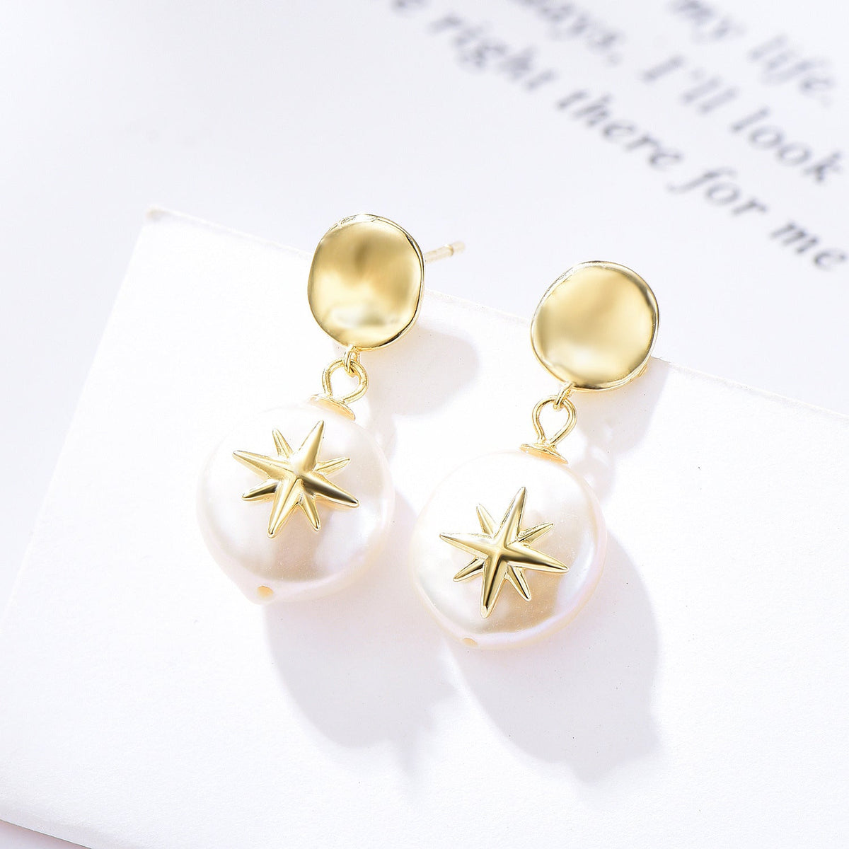 925 Sterling Silver Baroque Pearl Star Dangle Earrings Vintage Geometric Design