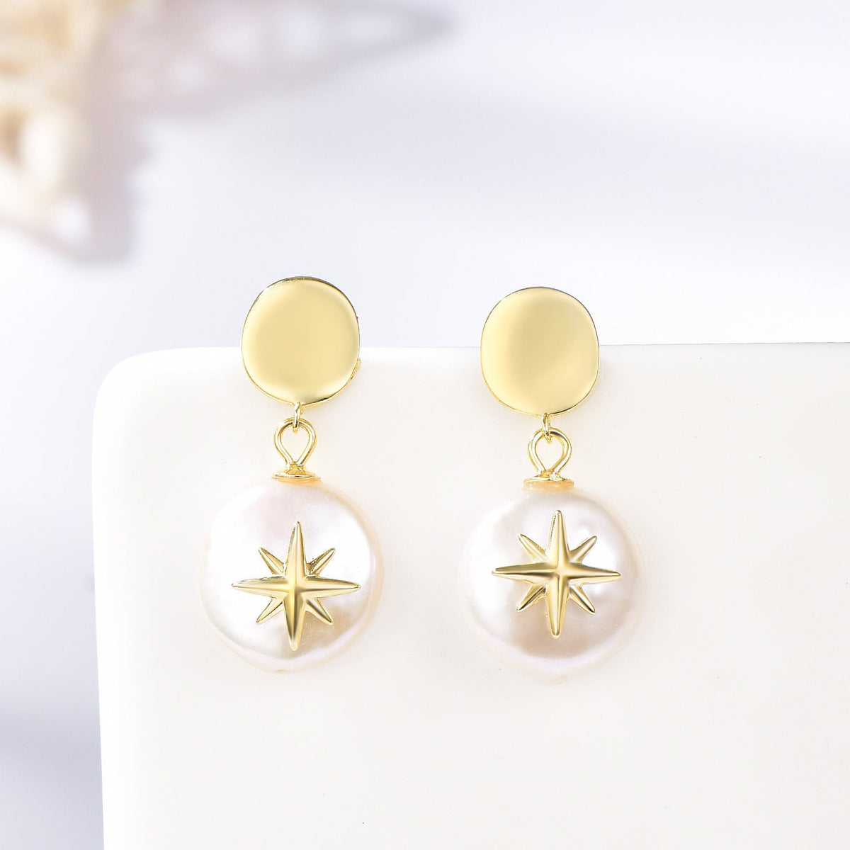 925 Sterling Silver Baroque Pearl Star Dangle Earrings Vintage Geometric Design