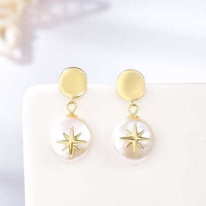 925 Sterling Silver Baroque Pearl Star Dangle Earrings Vintage Geometric Design
