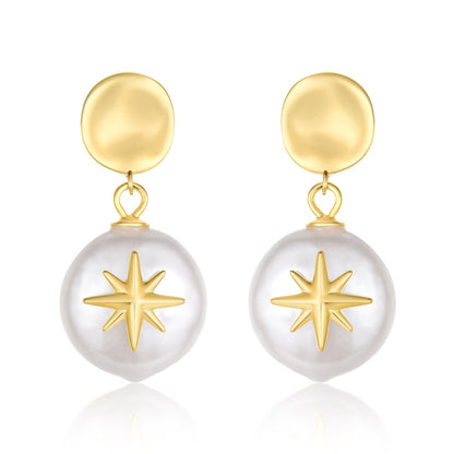 925 Sterling Silver Baroque Pearl Star Dangle Earrings Vintage Geometric Design