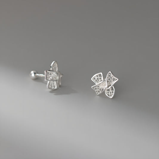999 Pure Silver Hollow Filigree Bow Cartilage Stud Earrings