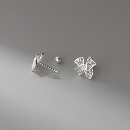 999 Pure Silver Hollow Filigree Bow Cartilage Stud Earrings