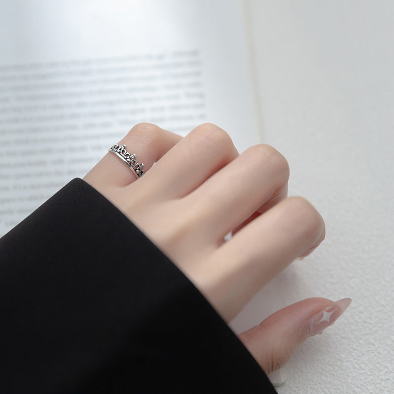 S925 Sterling Silver Hollow Crown Adjustable Ring - Retro Vintage Style