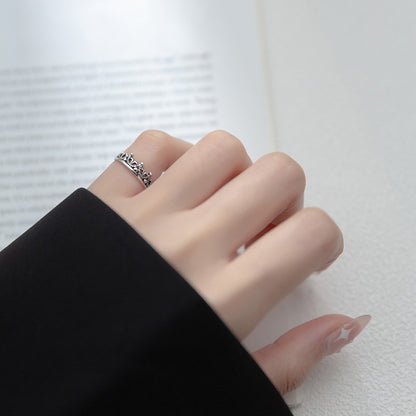 S925 Sterling Silver Hollow Crown Adjustable Ring - Retro Vintage Style