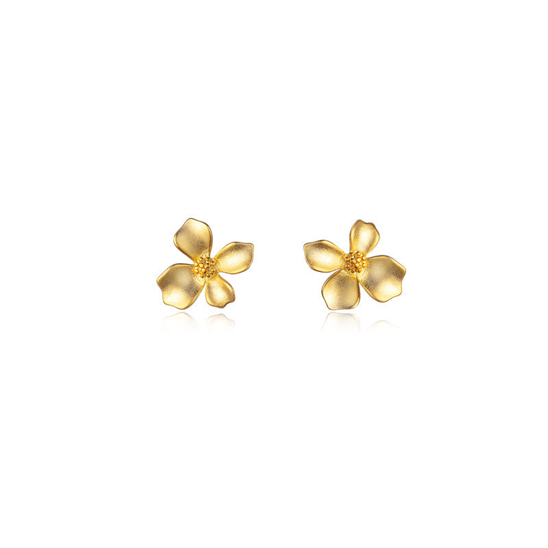 S925 Sterling Silver Vintage Matte Gold Four-Petal Flower Stud Earrings
