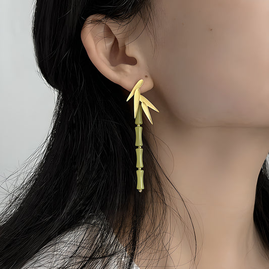 Green Lemon Jade Bamboo Leaf Dangle Earrings in Sterling Silver