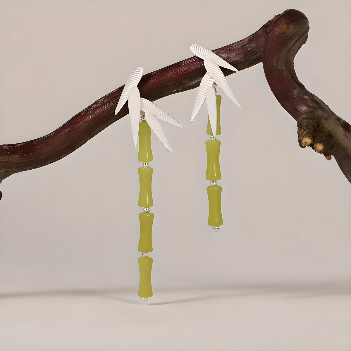 Green Lemon Jade Bamboo Leaf Dangle Earrings in Sterling Silver