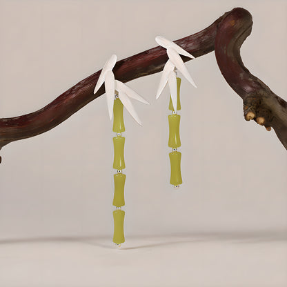 Green Lemon Jade Bamboo Leaf Dangle Earrings in Sterling Silver