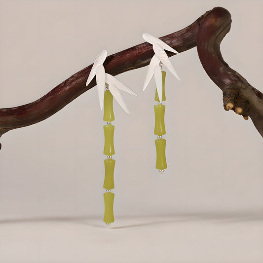 Green Lemon Jade Bamboo Leaf Dangle Earrings in Sterling Silver