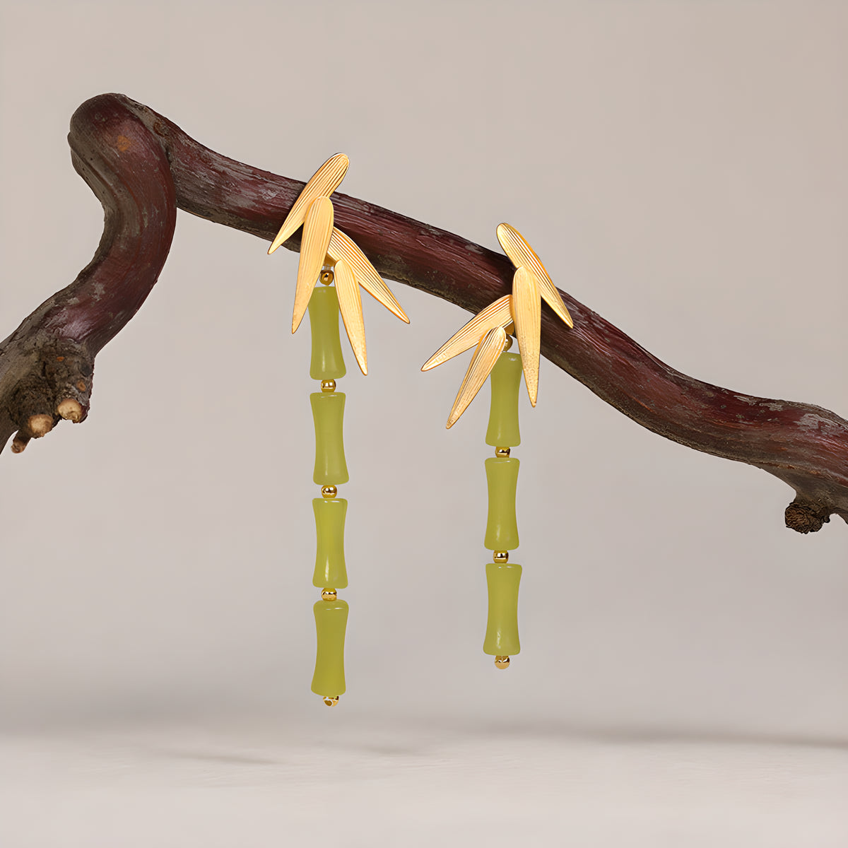 Green Lemon Jade Bamboo Leaf Dangle Earrings in Sterling Silver