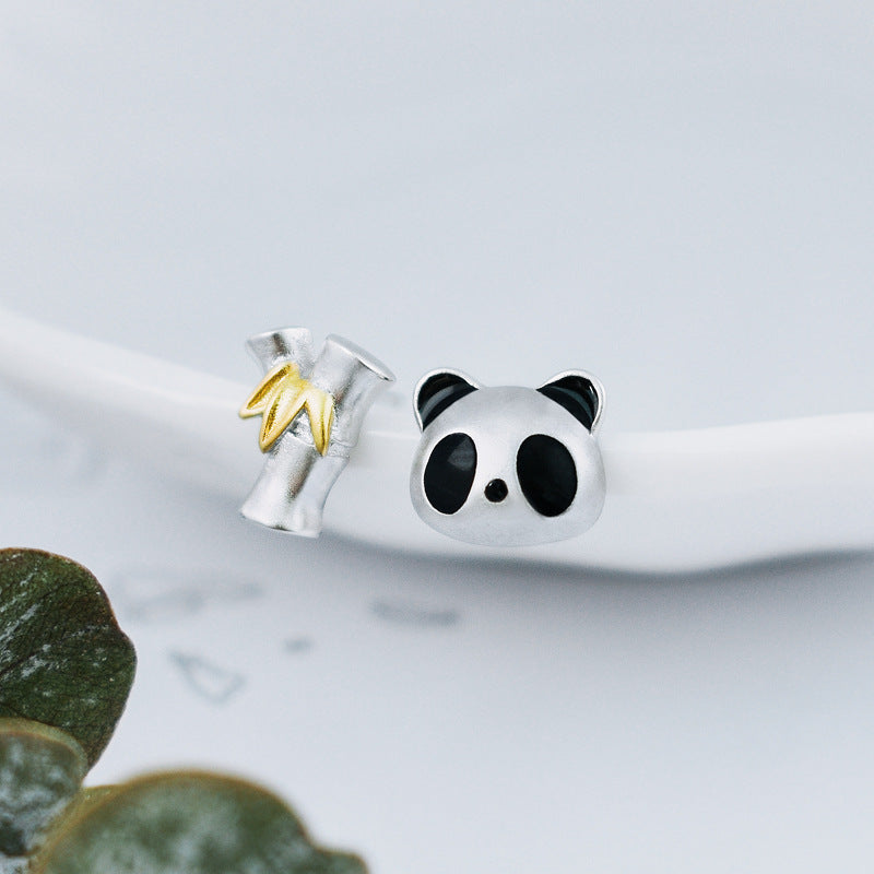 Luxyin Panda & Bamboo S925 Silver Asymmetrical Stud Earrings