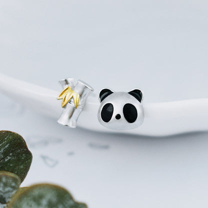 Luxyin Panda & Bamboo S925 Silver Asymmetrical Stud Earrings