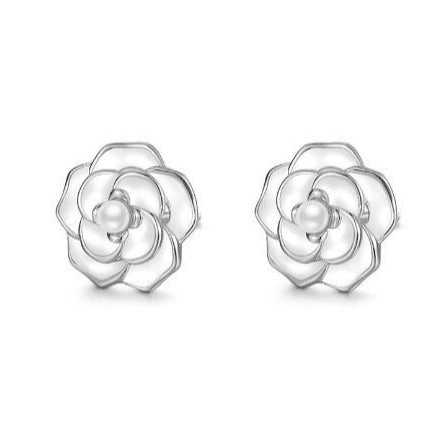 S925 Sterling Silver Resin Camellia Flower Faux Pearl Stud Earrings