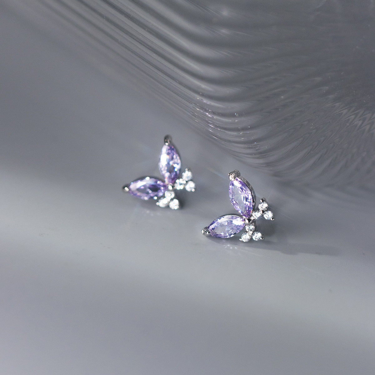 S925 Sterling Silver Purple Zircon Butterfly Stud Earrings