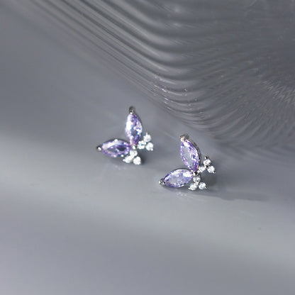 S925 Sterling Silver Purple Zircon Butterfly Stud Earrings