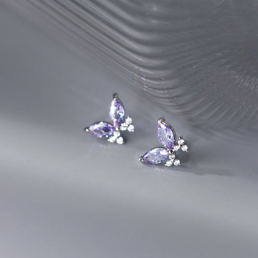 S925 Sterling Silver Purple Zircon Butterfly Stud Earrings