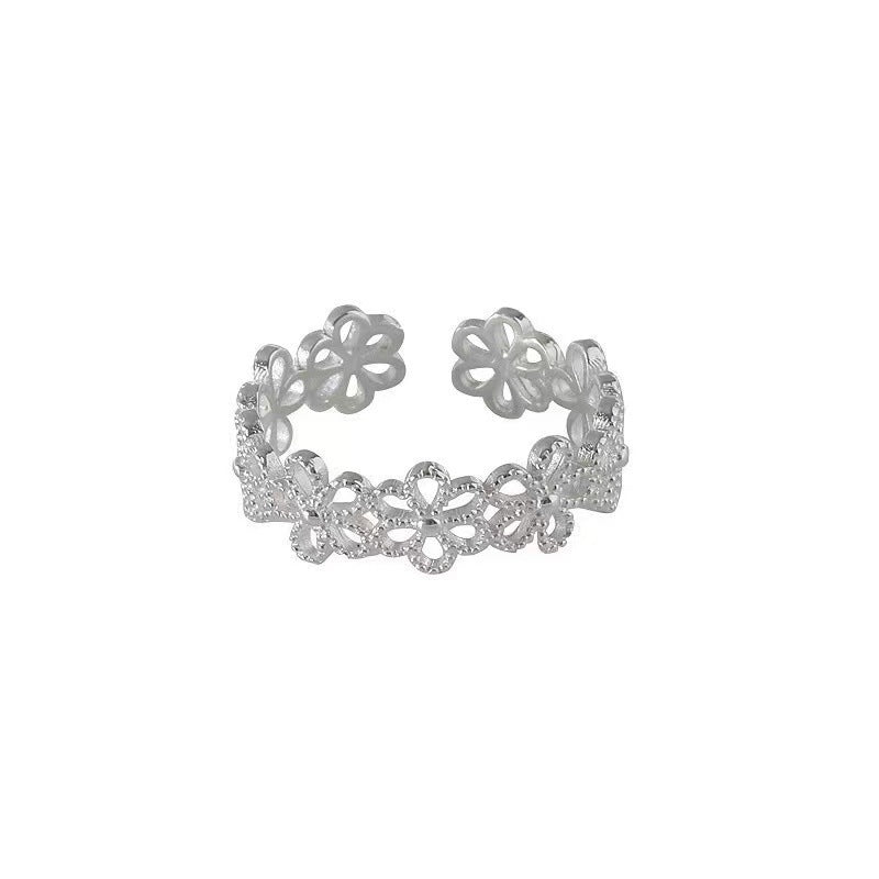 Luxyin S925 Sterling Silver Floral Ring - Adjustable Open Ring