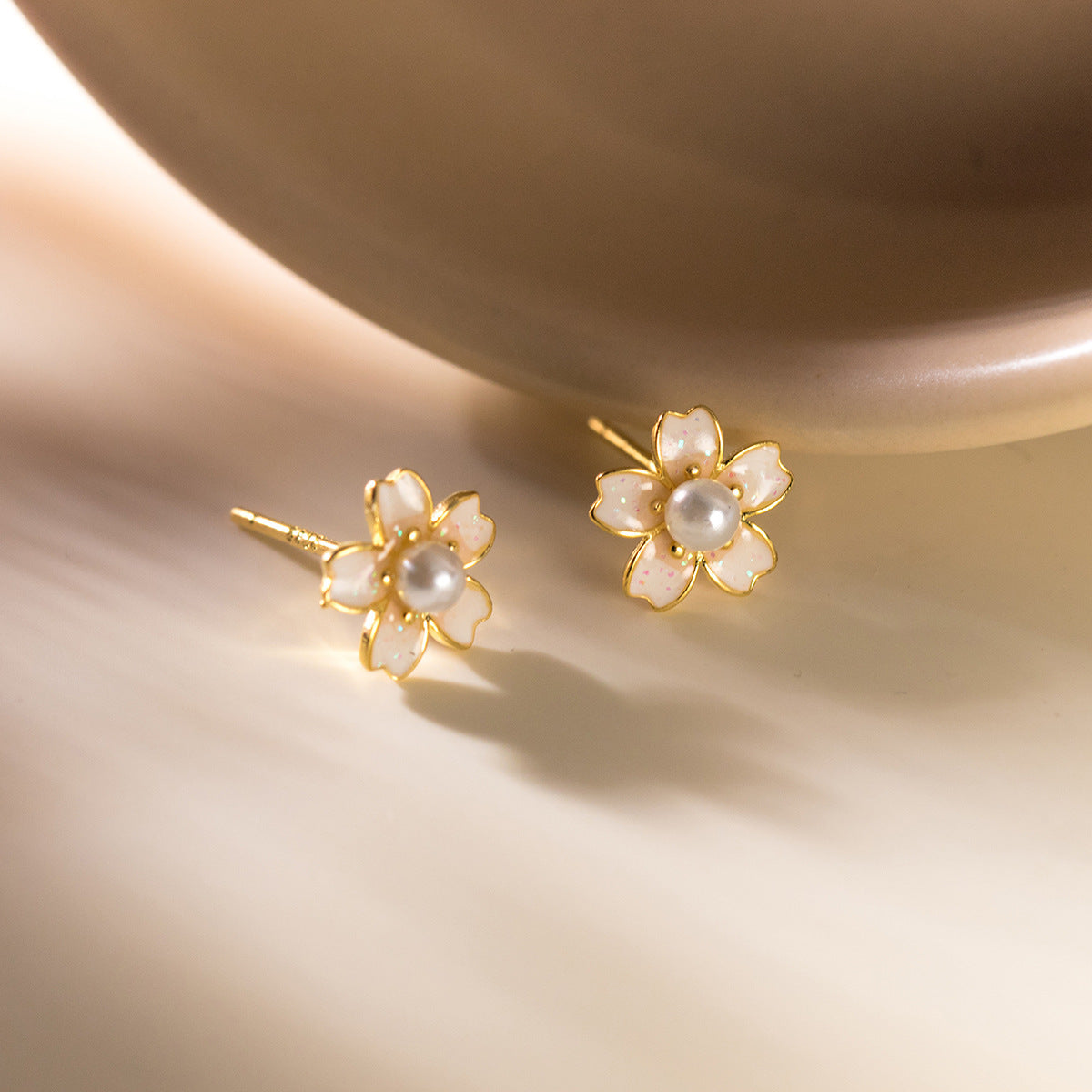 S925 Silver Light Pink Cherry Blossom Beaded Stud Earrings