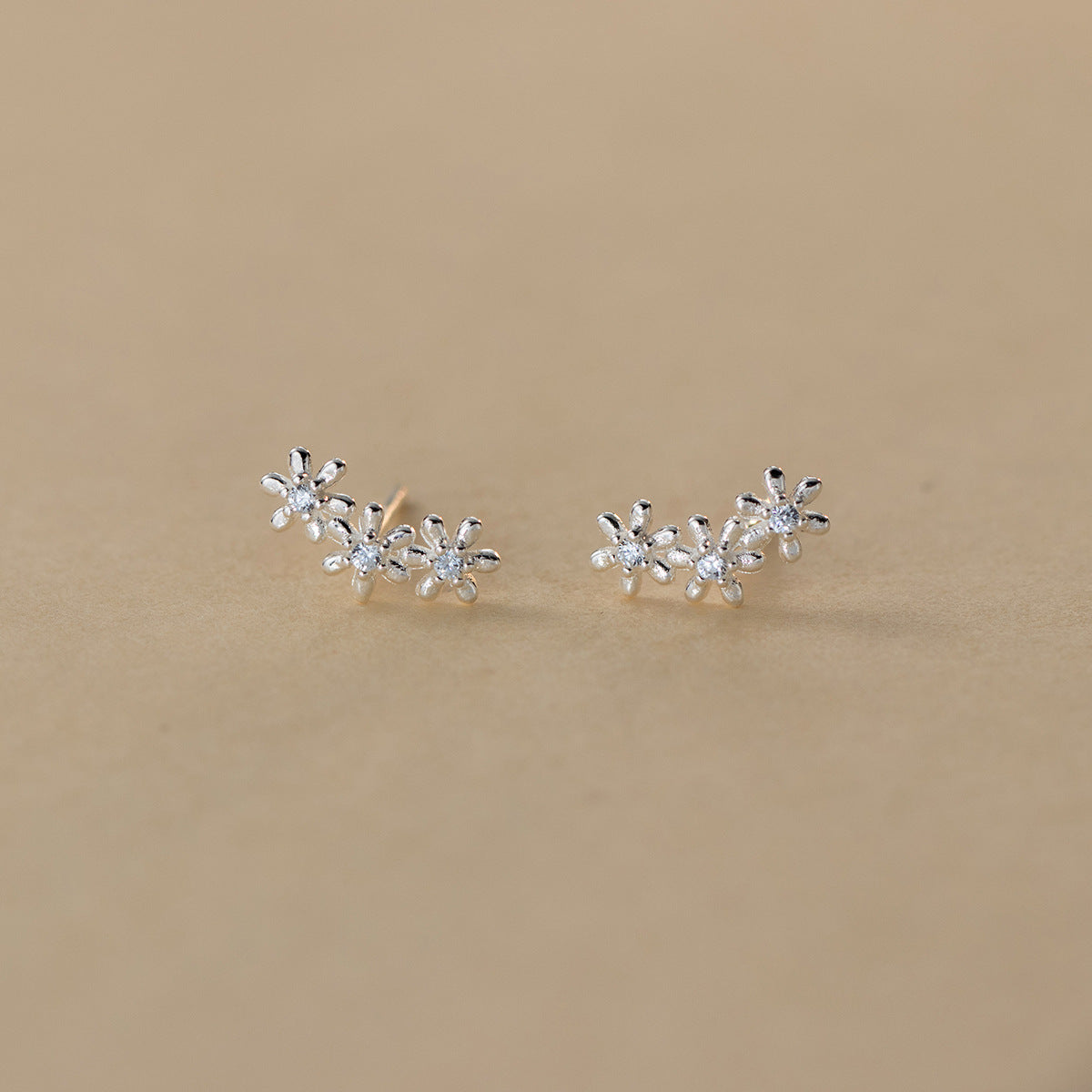 S925 Sterling Silver Cute Flower Pave Stud Earrings