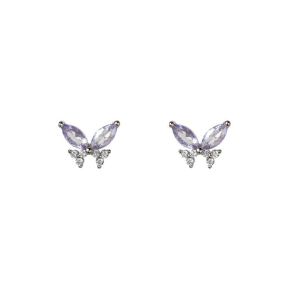 S925 Sterling Silver Purple Zircon Butterfly Stud Earrings