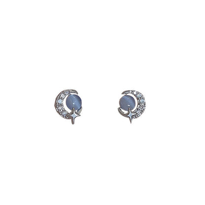 Luxyin 925 Sterling Silver Star & Moon Cat Eye Stud Earrings