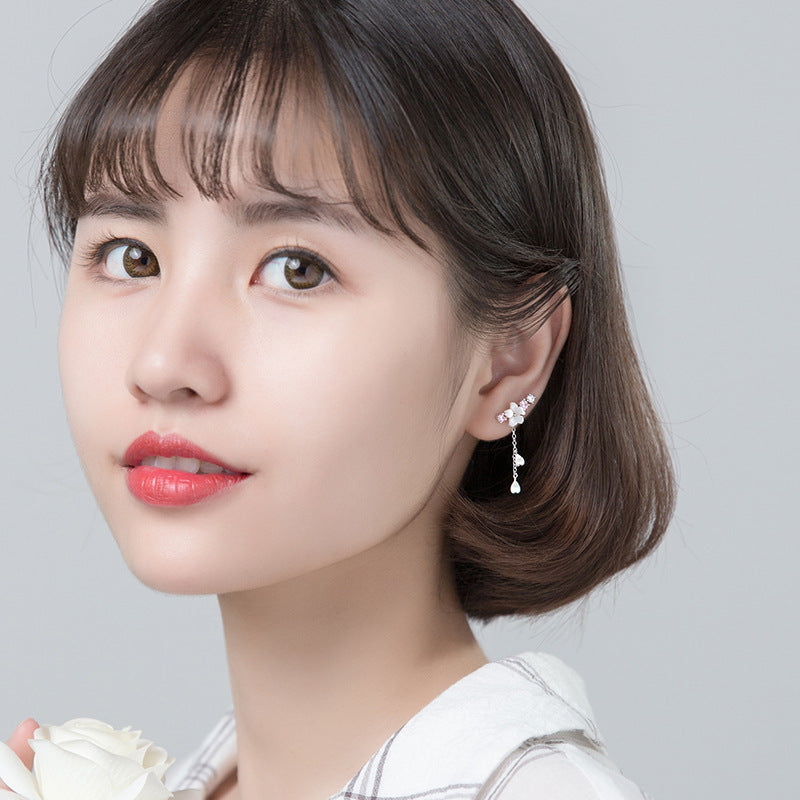 S925 Sterling Silver Five-Petal Flower Heart Tassel Drop Earrings