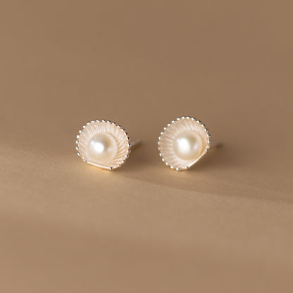 S925 Sterling Silver Pearl Shell Stud Earrings Vintage Design