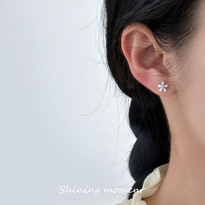 S925 Silver Flower Zircon Stud Earrings Fresh Sweet Design