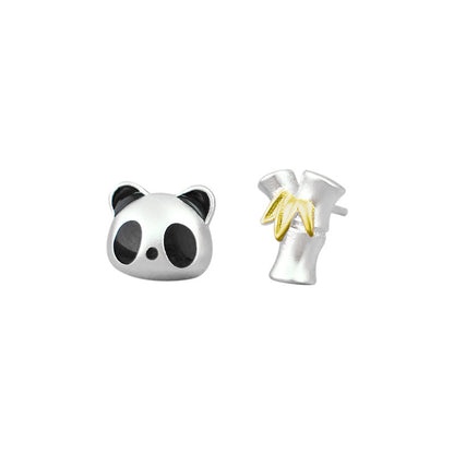 Luxyin Panda & Bamboo S925 Silver Asymmetrical Stud Earrings