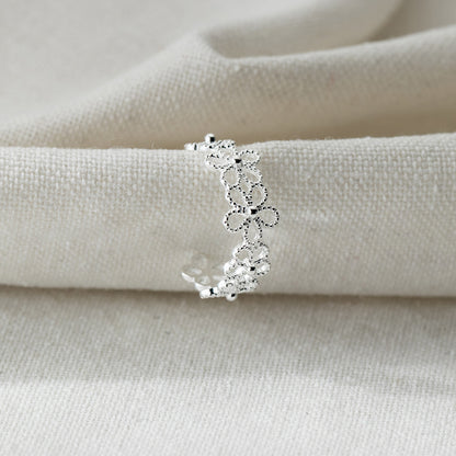 Luxyin S925 Sterling Silver Floral Ring - Adjustable Open Ring
