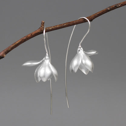Luxyin Magnolia Whisper: Sterling Silver Floral Drop Earrings