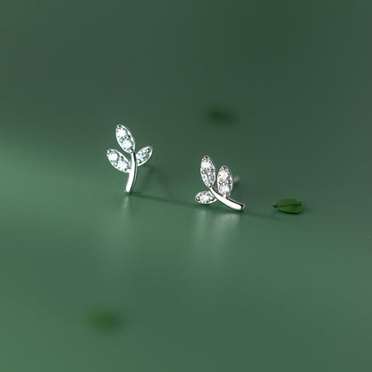 S925 Sterling Silver Leaf Stud Earrings with Zircon