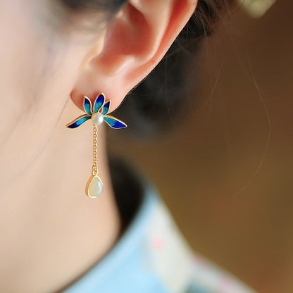 Luxyin Lotus Whisper Jade Drop Earrings - Silver Serenity