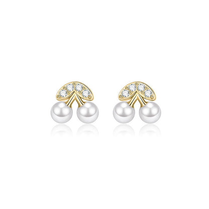 Luxyin S925 Sterling Silver Cherry Stud Earrings with Synthetic Pearl & CZ Accents