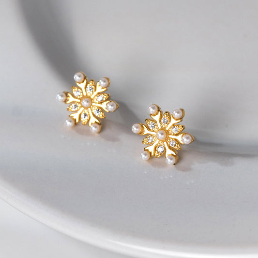 Luxyin Snowflake Pearl Stud Earrings - S925 Silver Sparkle ✨