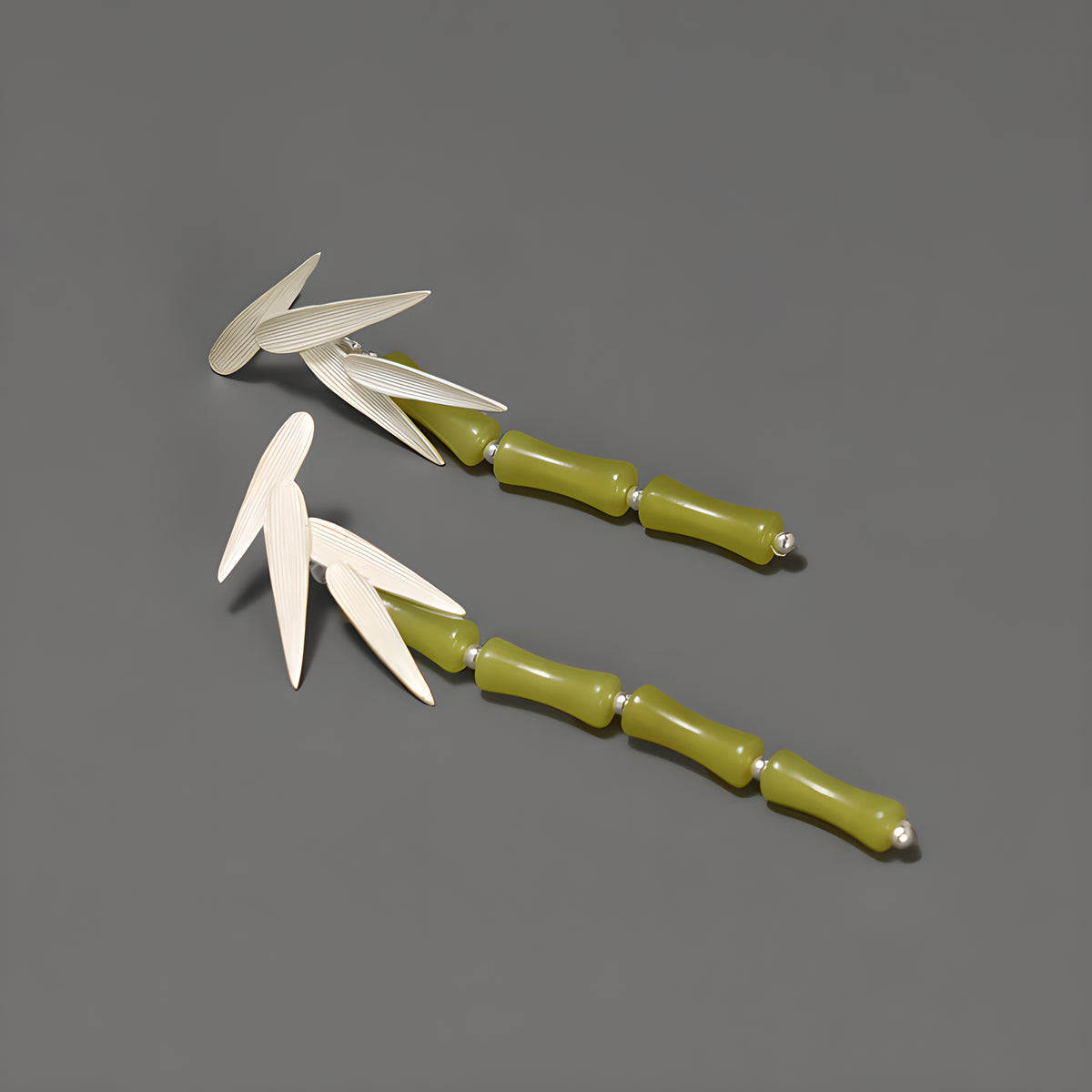 Green Lemon Jade Bamboo Leaf Dangle Earrings in Sterling Silver