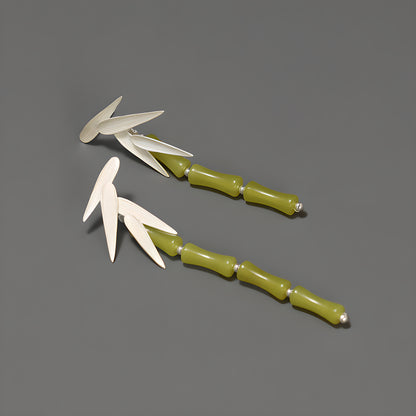 Green Lemon Jade Bamboo Leaf Dangle Earrings in Sterling Silver