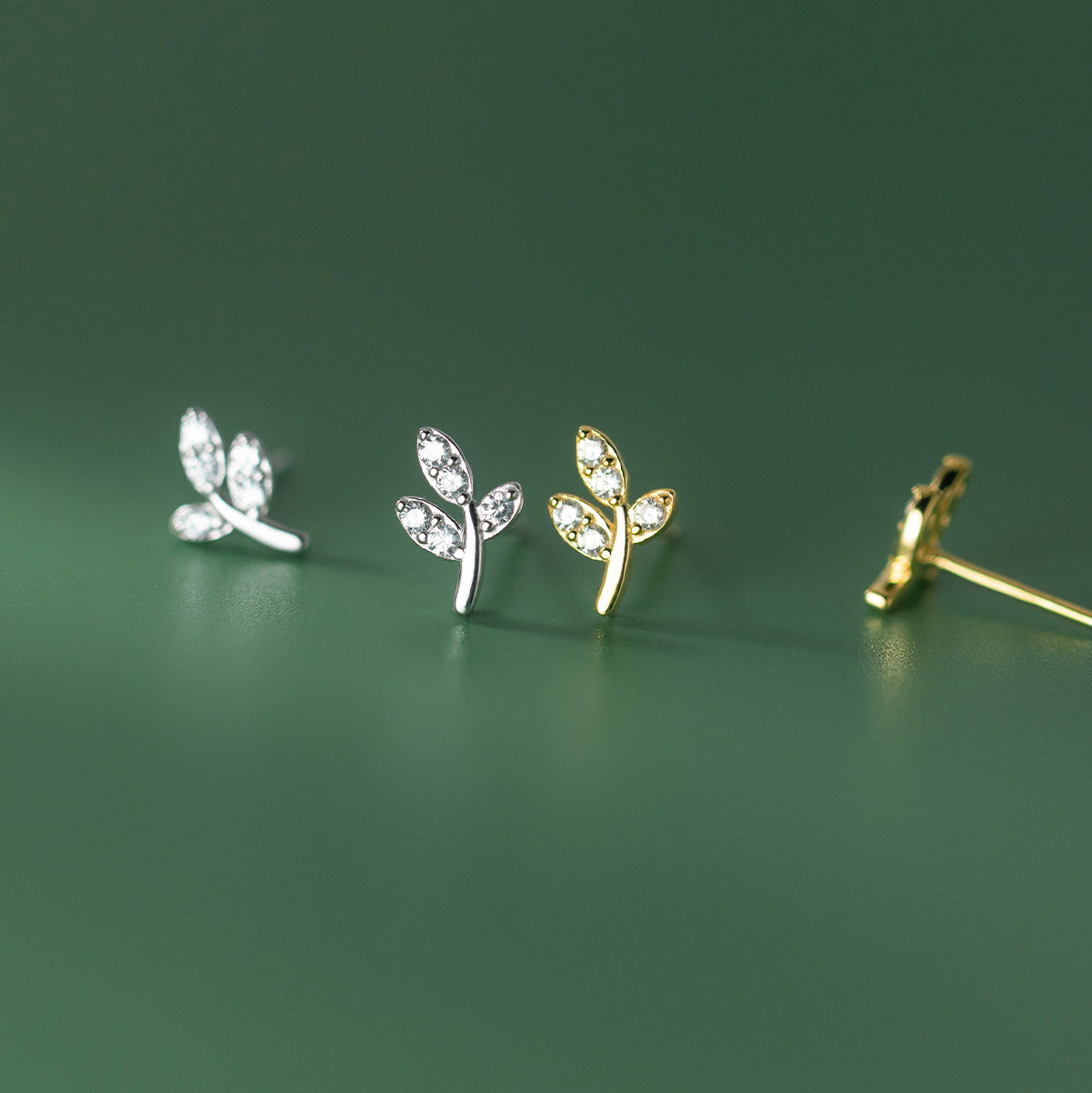 S925 Sterling Silver Leaf Stud Earrings with Zircon