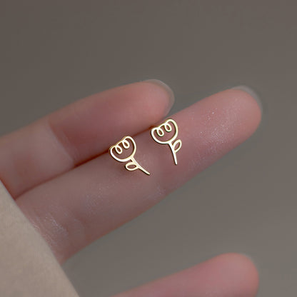 S925 Sterling Silver Tulip Rose Stud Earrings Minimalist Hollow Floral