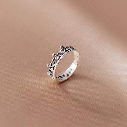 S925 Sterling Silver Hollow Crown Adjustable Ring - Retro Vintage Style