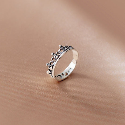 S925 Sterling Silver Hollow Crown Adjustable Ring - Retro Vintage Style