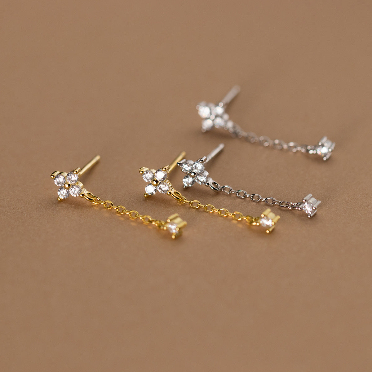 Sterling Silver Four-Leaf Clover Tassel Stud Earrings with Zirconia